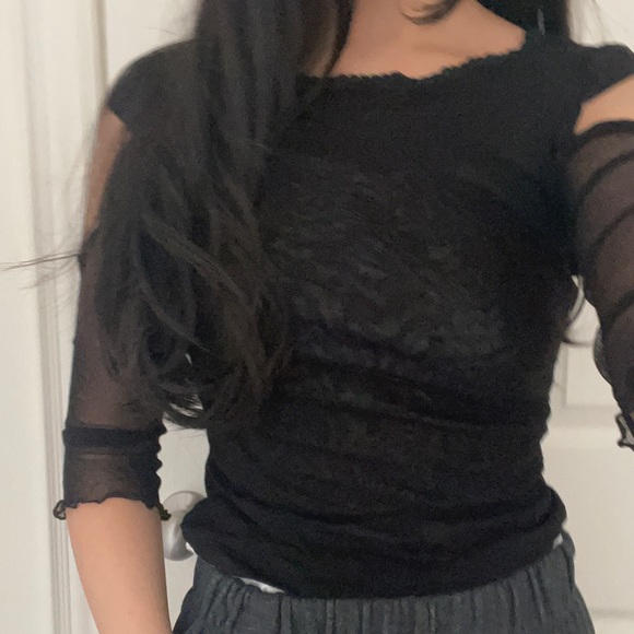 Laced Mesh Shoulder Cut Crop Top Long Sleeve Blouse See Through - Picture 5 of 5